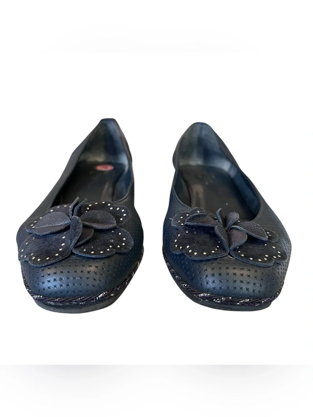 Sesto Meucci Women’s Sz 9 Navy Leather Demi Wedge Heels Perforated Floral